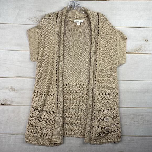 Coldwater Creek Linen Cardigan Womens L 14 Beige/Tan Knit Open Short Sleeve - Picture 1 of 10